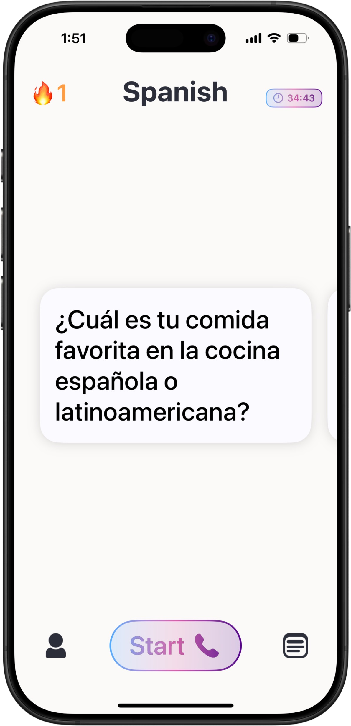 Tooki mobile app showing Spanish conversation practice